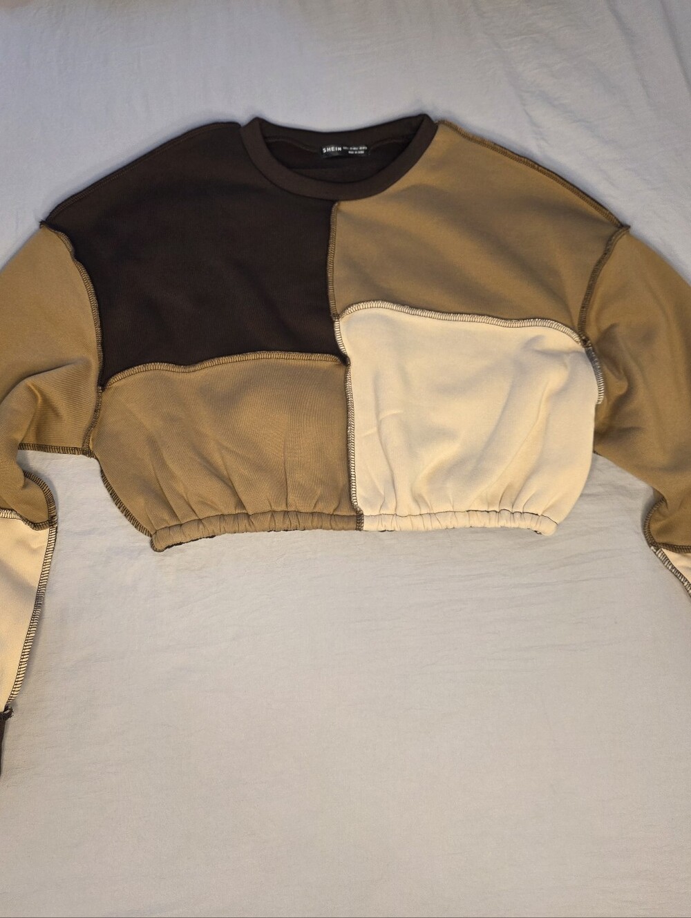 Brown Beige Cream Colorblock Cropped Crewneck Sweatshirt